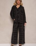  Set Negru din Vâscoză Decorat cu Imprimeu Geometric Cămașă și Pantaloni Hanovin