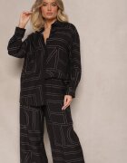  Set Negru din Vâscoză Decorat cu Imprimeu Geometric Cămașă și Pantaloni Hanovin