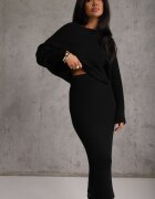  Set Negru din Viscoză în Dungi Fustă cu Elastic în Talie și Bluză cu Croială Liliac Korttisa