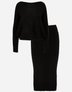  Set Negru din Viscoză în Dungi Fustă cu Elastic în Talie și Bluză cu Croială Liliac Korttisa