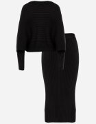  Set Negru din Viscoză în Dungi Fustă cu Elastic în Talie și Bluză cu Croială Liliac Korttisa