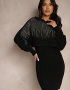  Set Negru din Viscoză Pulover Decorat cu Zirconii și Fustă Rebrată Emelessa