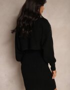  Set Negru din Viscoză Pulover Decorat cu Zirconii și Fustă Rebrată Emelessa