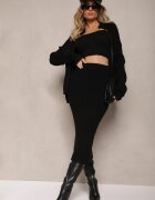  Set Negru Fustă cu elastic în talie și Cardigan deschis Ciarina
