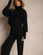  Set Negru Tricotat din Viscoză Pantaloni largi și Bluză cu guler înalt Norathira