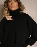  Set Negru Tricotat din Viscoză Pantaloni largi și Bluză cu guler înalt Norathira