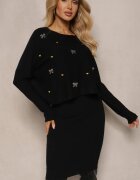  Set Negru Tricotat din Viscoză Rochie cu croială mulată și Pulover cu Zirconii Norathra