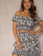  Set Negru-Verde Bluză cu decolteu spaniol Fustă cloș cu elastic în talie Dimonnda