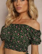  Set Negru-Verde cu Flori Bluză tip Carmen Fustă cu Volane și Elastic în Talie Ristelle