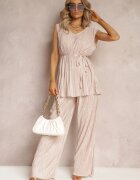  Set plisat bej din două piese: Bluză cu cordon din material și Pantaloni lungi largi Lasion