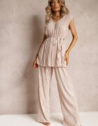  Set plisat bej din două piese: Bluză cu cordon din material și Pantaloni lungi largi Lasion