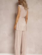  Set plisat bej din două piese: Bluză cu cordon din material și Pantaloni lungi largi Lasion