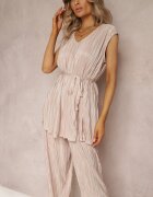  Set plisat bej din două piese: Bluză cu cordon din material și Pantaloni lungi largi Lasion