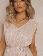  Set plisat bej din două piese: Bluză cu cordon din material și Pantaloni lungi largi Lasion