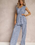  Set Plisat din 2 Piese Albastru Bluză cu Curea din Material și Pantaloni Lungi Largi Lasion
