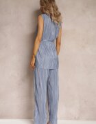  Set Plisat din 2 Piese Albastru Bluză cu Curea din Material și Pantaloni Lungi Largi Lasion