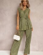  Set Plisat Două piese Verde Bluză cu curea din material și Pantaloni Largi Lungi Lasion