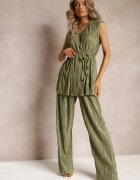  Set Plisat Două piese Verde Bluză cu curea din material și Pantaloni Largi Lungi Lasion