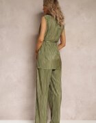  Set Plisat Două piese Verde Bluză cu curea din material și Pantaloni Largi Lungi Lasion