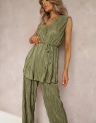  Set Plisat Două piese Verde Bluză cu curea din material și Pantaloni Largi Lungi Lasion