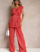  Set plisat roșu din două piese: Bluză cu centură textilă și Pantaloni lungi largi Lasion