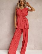 Set plisat roșu din două piese: Bluză cu centură textilă și Pantaloni lungi largi Lasion