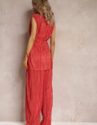  Set plisat roșu din două piese: Bluză cu centură textilă și Pantaloni lungi largi Lasion