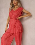  Set plisat roșu din două piese: Bluză cu centură textilă și Pantaloni lungi largi Lasion