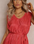  Set plisat roșu din două piese: Bluză cu centură textilă și Pantaloni lungi largi Lasion