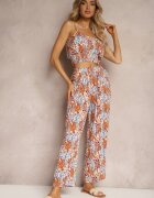  Set portocaliu-albastru din viscoză Top scurt cu bretele Pantaloni largi cu elastic în talie Dimyila