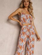  Set portocaliu-albastru din viscoză Top scurt cu bretele Pantaloni largi cu elastic în talie Dimyila