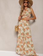 Set Portocaliu-Verde Boho din Bumbac Top Scurt cu Bretele cu Elastic Pantaloni Largi Rasida