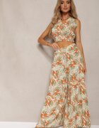  Set Portocaliu-Verde Boho din Bumbac Top Scurt cu Bretele cu Elastic Pantaloni Largi Rasida