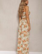  Set Portocaliu-Verde Boho din Bumbac Top Scurt cu Bretele cu Elastic Pantaloni Largi Rasida