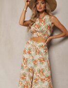  Set Portocaliu-Verde Boho din Bumbac Top Scurt cu Bretele cu Elastic Pantaloni Largi Rasida