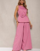  Set Roz Bluză fără mâneci cu Aplicație 3D Pantaloni tip Palazzo Wreviana