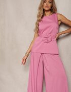  Set Roz Bluză fără mâneci cu Aplicație 3D Pantaloni tip Palazzo Wreviana