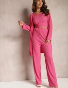  Set Roz cu striații decorative cu cămașă top și pantaloni Raliva