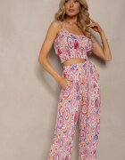  Set Roz din Viscoză Boho Top Scurt cu Bretele Pantaloni Lungi cu Craci Palazzo Miteri
