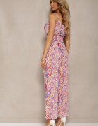  Set Roz din Viscoză Boho Top Scurt cu Bretele Pantaloni Lungi cu Craci Palazzo Miteri