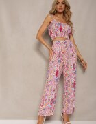 Set Roz din Viscoză Boho Top Scurt cu Bretele Pantaloni Lungi cu Craci Palazzo Miteri