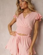  Set Roz Top scurt cu talie încrețită Pantaloni scurți cu volănaș și elastic în talie Nestasie