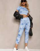  Set Sportiv Albastru cu Imprimeu Tie-Dye cu Tricou Cropped și Colanți Davenia