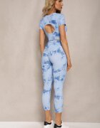  Set Sportiv Albastru cu Imprimeu Tie-Dye cu Tricou Cropped și Colanți Davenia