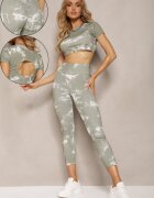  Set Sportiv Verde cu Imprimeu Tie-Dye cu Cămașă Cropped și Colanți Davenia