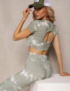  Set Sportiv Verde cu Imprimeu Tie-Dye cu Cămașă Cropped și Colanți Davenia