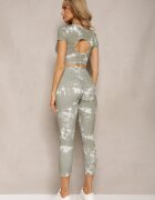  Set Sportiv Verde cu Imprimeu Tie-Dye cu Cămașă Cropped și Colanți Davenia