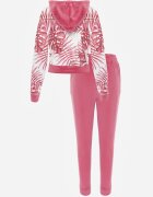  Set trening din velur Roz cu bluză cu glugă cu model și pantaloni jogger Rouviana