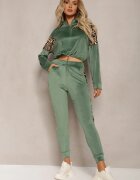  Set trening verde din velur cu bluză scurtă și pantaloni jogger cu imprimeu leopard Limitta