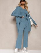  Set Tricotat Albastru Pantaloni Lărgi Bluză și Cardigan Deschis Irithaele